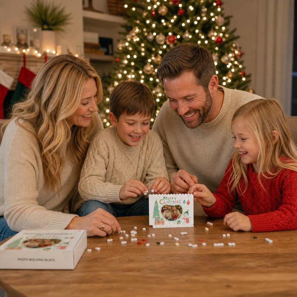 Personalized Photo Christmas Building Block in White Shiplap, Custom Family Picture Hand-Drawn Tree & Snowman "Merry Christmas" Brick Puzzle Keepsake Decor, Festive Holiday Desk Gift