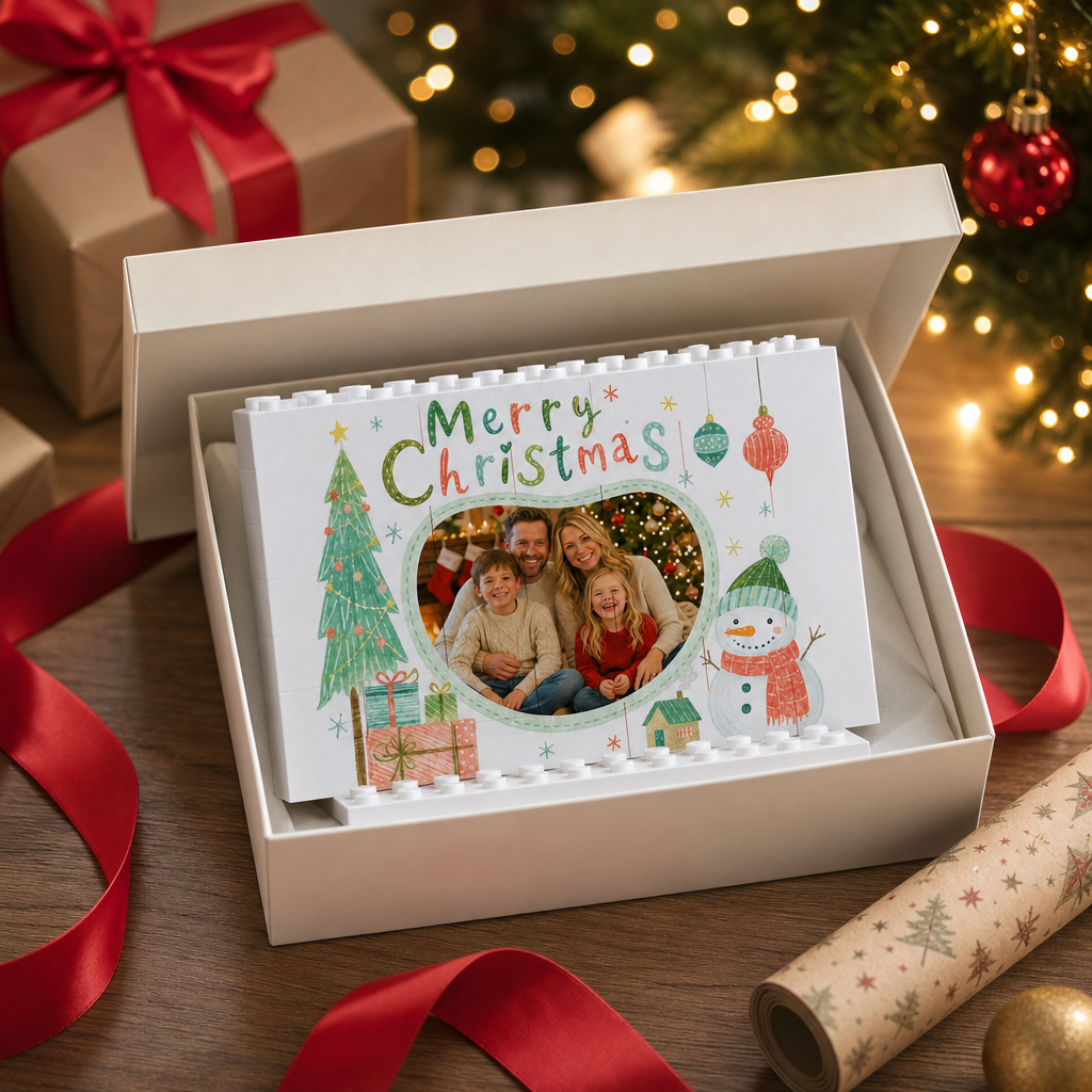 Personalized Photo Christmas Building Block in White Shiplap, Custom Family Picture Hand-Drawn Tree & Snowman "Merry Christmas" Brick Puzzle Keepsake Decor, Festive Holiday Desk Gift