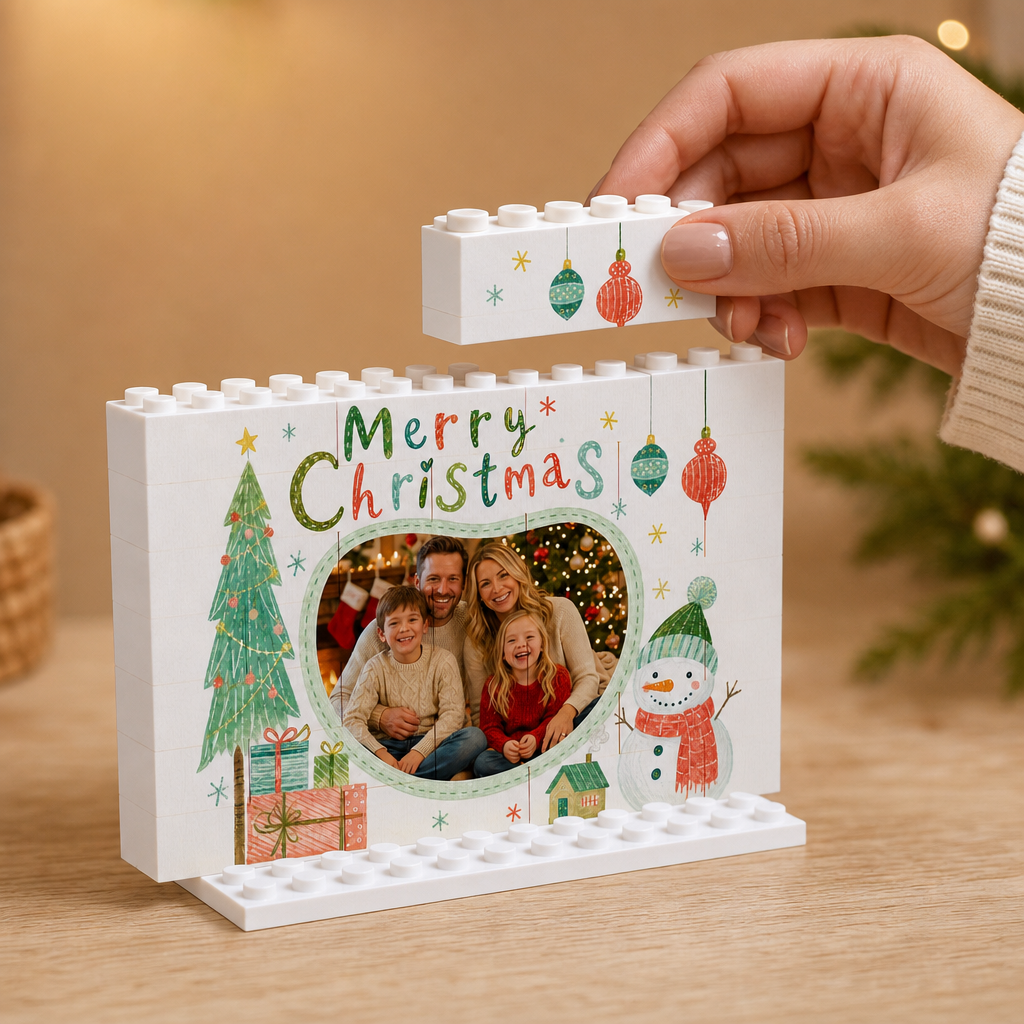 Personalized Photo Christmas Building Block in White Shiplap, Custom Family Picture Hand-Drawn Tree & Snowman "Merry Christmas" Brick Puzzle Keepsake Decor, Festive Holiday Desk Gift