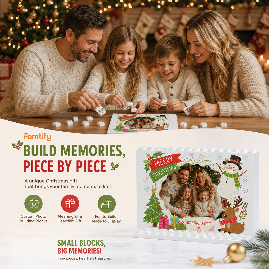 Personalized Photo Christmas Building Block in White Shiplap, Custom Family Name Snowman & Reindeer Brick Puzzle Keepsake Decor, Festive Holiday Desk Gift
