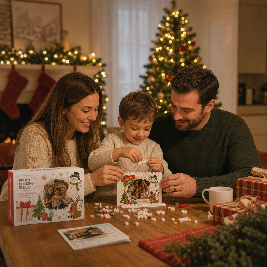 Personalized Photo Christmas Building Block in White Shiplap, Custom Family Name Snowman & Reindeer Brick Puzzle Keepsake Decor, Festive Holiday Desk Gift