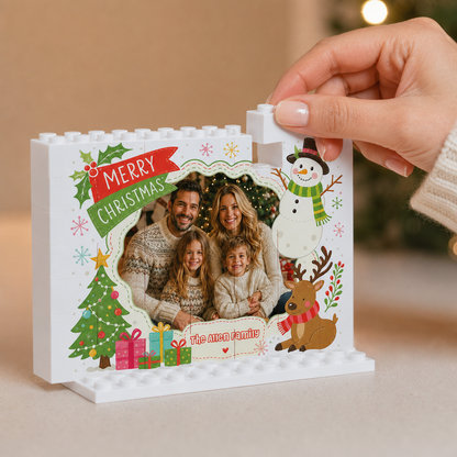 Personalized Photo Christmas Building Block in White Shiplap, Custom Family Name Snowman & Reindeer Brick Puzzle Keepsake Decor, Festive Holiday Desk Gift
