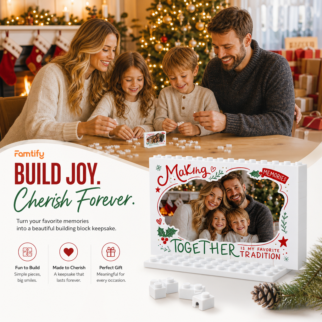 Personalized Photo Christmas Building Block in White Shiplap, Custom Family Picture "Making Memories Together Is My Favorite Tradition" Brick Puzzle Keepsake Decor, Festive Holiday Desk Gift