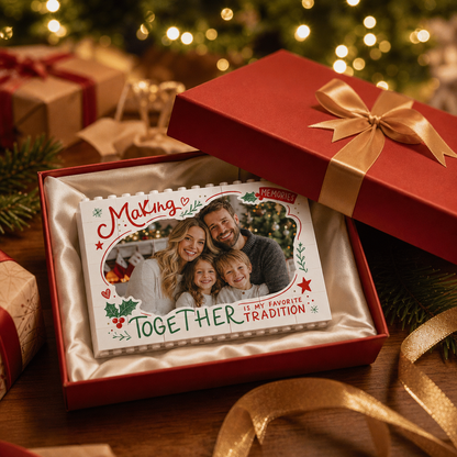 Personalized Photo Christmas Building Block in White Shiplap, Custom Family Picture "Making Memories Together Is My Favorite Tradition" Brick Puzzle Keepsake Decor, Festive Holiday Desk Gift