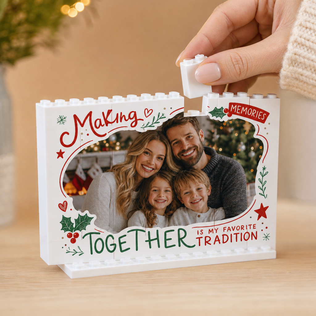 Personalized Photo Christmas Building Block in White Shiplap, Custom Family Picture "Making Memories Together Is My Favorite Tradition" Brick Puzzle Keepsake Decor, Festive Holiday Desk Gift
