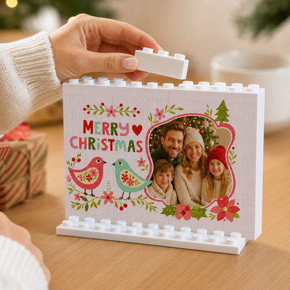 Personalized Photo Christmas Building Block in Pastel Pink, Custom Family Picture Folk Art Birds & Poinsettia Brick Puzzle Keepsake Decor, Festive Holiday Desk Gift