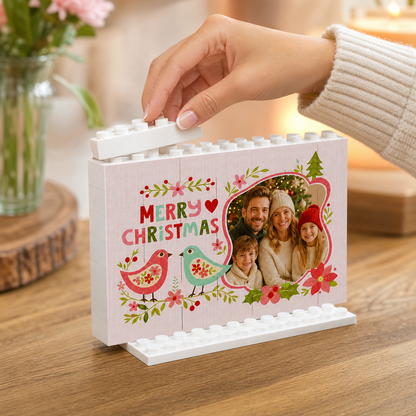 Personalized Photo Christmas Building Block in Pastel Pink, Custom Family Picture Folk Art Birds & Poinsettia Brick Puzzle Keepsake Decor, Festive Holiday Desk Gift