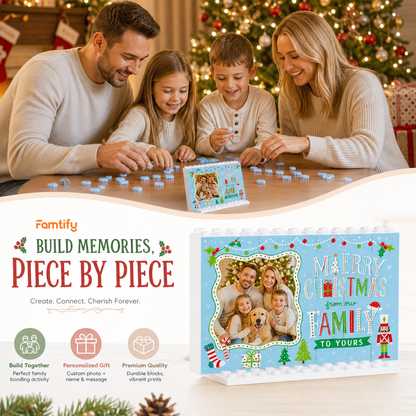 Personalized Photo Christmas Building Block in Sky Blue, Custom Family Picture "Merry Christmas From Our Family To Yours" Brick Puzzle Keepsake Decor, Festive Holiday Desk Gift