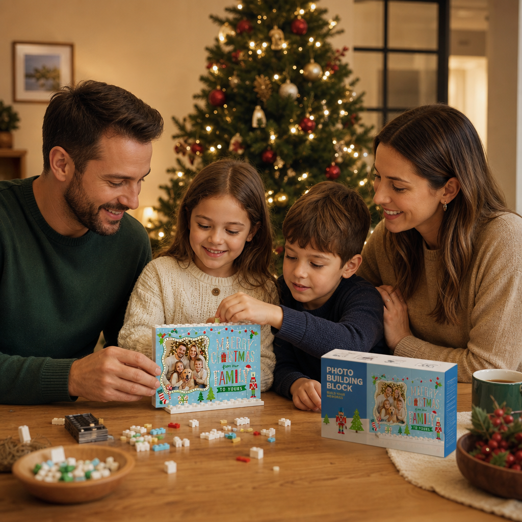 Personalized Photo Christmas Building Block in Sky Blue, Custom Family Picture "Merry Christmas From Our Family To Yours" Brick Puzzle Keepsake Decor, Festive Holiday Desk Gift