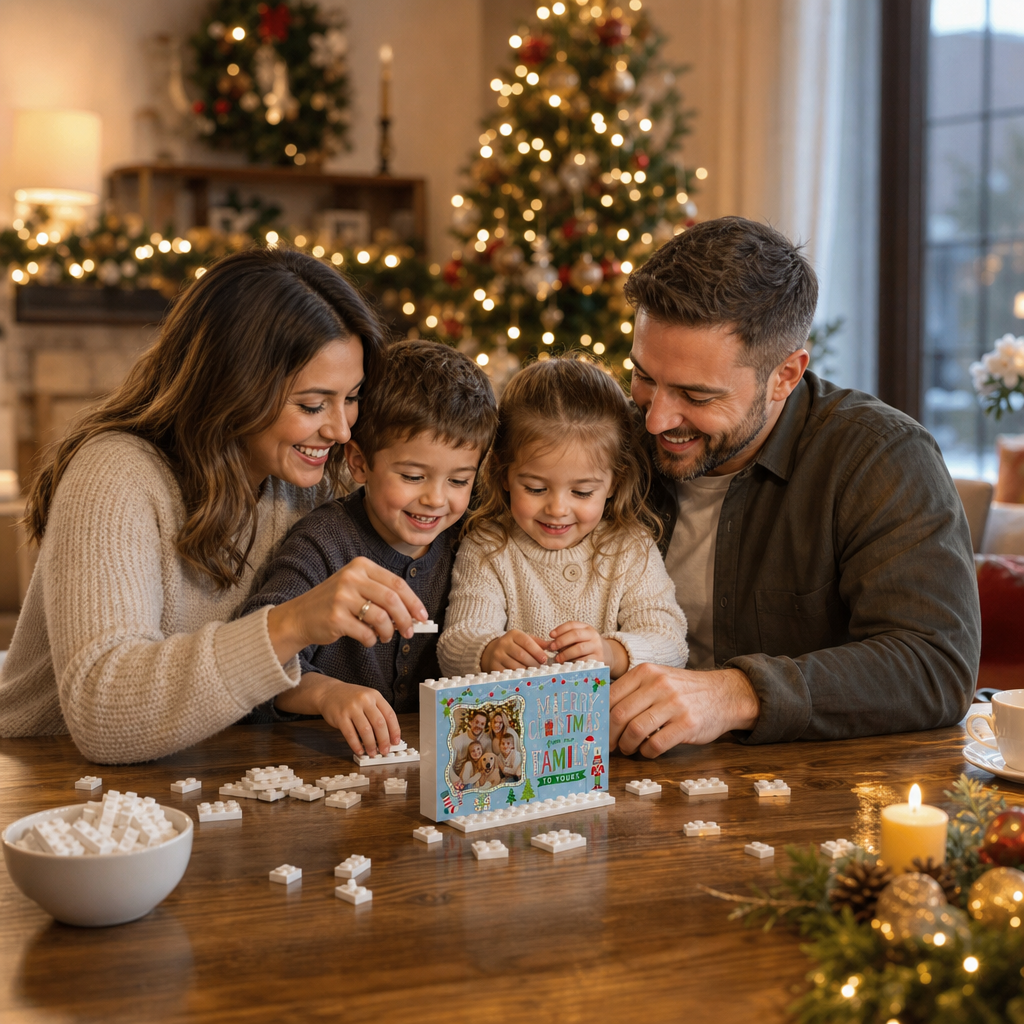 Personalized Photo Christmas Building Block in Sky Blue, Custom Family Picture "Merry Christmas From Our Family To Yours" Brick Puzzle Keepsake Decor, Festive Holiday Desk Gift