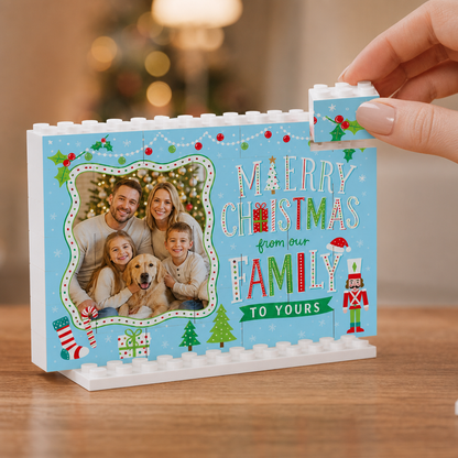 Personalized Photo Christmas Building Block in Sky Blue, Custom Family Picture "Merry Christmas From Our Family To Yours" Brick Puzzle Keepsake Decor, Festive Holiday Desk Gift