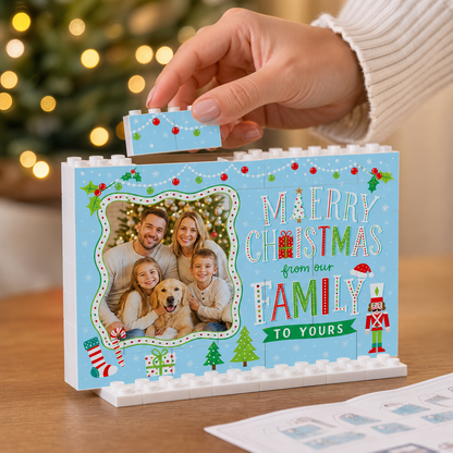 Personalized Photo Christmas Building Block in Sky Blue, Custom Family Picture "Merry Christmas From Our Family To Yours" Brick Puzzle Keepsake Decor, Festive Holiday Desk Gift
