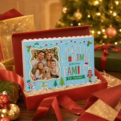 Personalized Photo Christmas Building Block in Sky Blue, Custom Family Picture "Merry Christmas From Our Family To Yours" Brick Puzzle Keepsake Decor, Festive Holiday Desk Gift