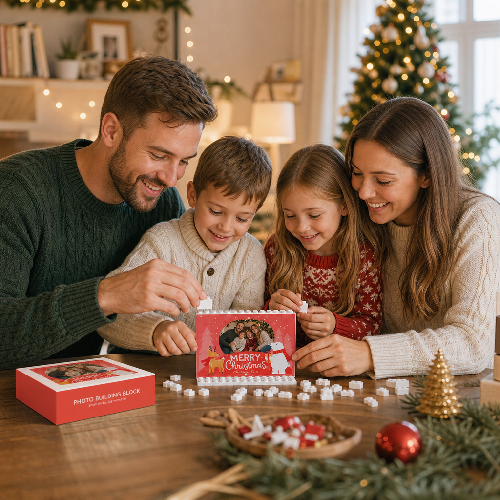 Personalized Photo Christmas Building Block in Crimson Red, Custom Family Name Reindeer & Polar Bear Brick Puzzle Keepsake Decor, Festive Holiday Desk Gift