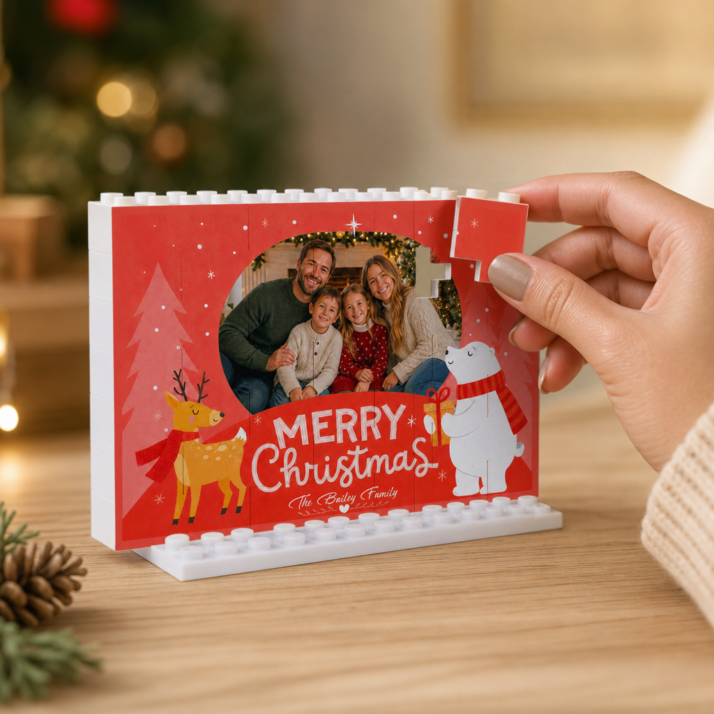 Personalized Photo Christmas Building Block in Crimson Red, Custom Family Name Reindeer & Polar Bear Brick Puzzle Keepsake Decor, Festive Holiday Desk Gift