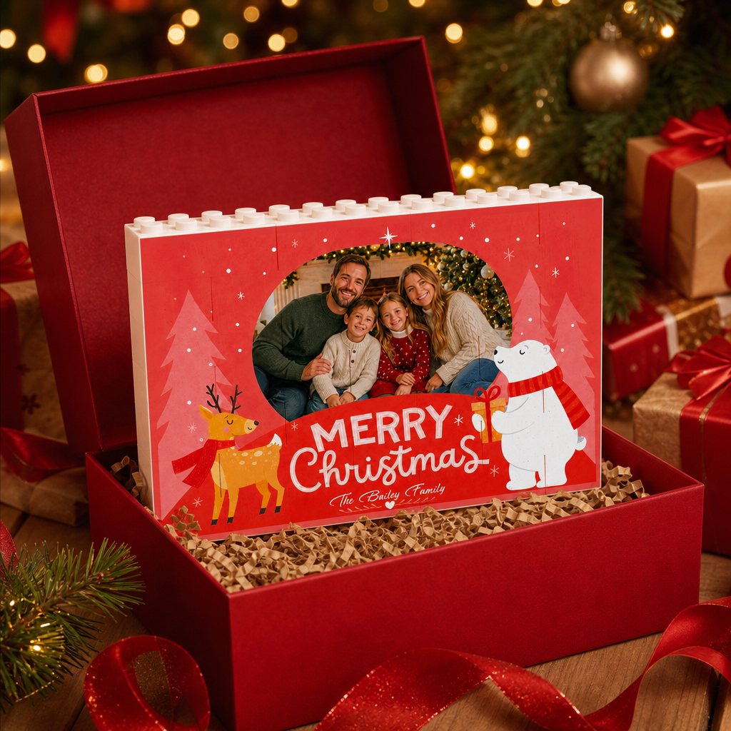 Personalized Photo Christmas Building Block in Crimson Red, Custom Family Name Reindeer & Polar Bear Brick Puzzle Keepsake Decor, Festive Holiday Desk Gift