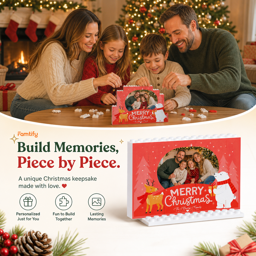 Personalized Photo Christmas Building Block in Crimson Red, Custom Family Name Reindeer & Polar Bear Brick Puzzle Keepsake Decor, Festive Holiday Desk Gift