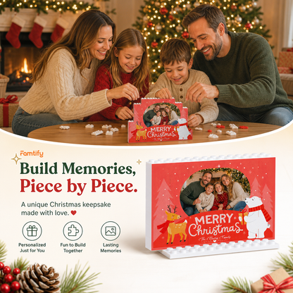 Personalized Photo Christmas Building Block in Crimson Red, Custom Family Name Reindeer & Polar Bear Brick Puzzle Keepsake Decor, Festive Holiday Desk Gift