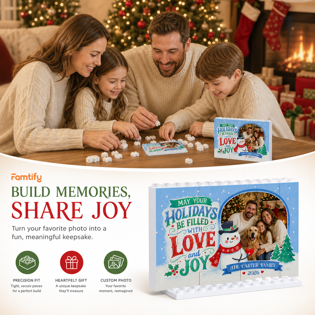 Personalized Photo Christmas Building Block in Sky Blue, Custom Family Name & Year Snowman "Love & Joy" Brick Puzzle Keepsake Decor, Festive Holiday Desk Gift