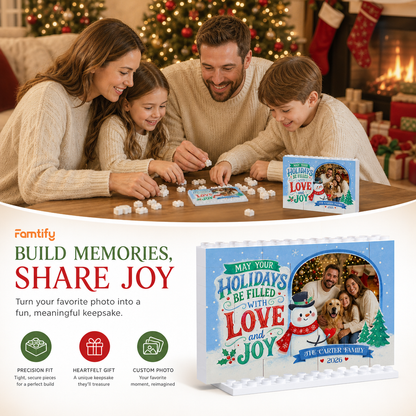 Personalized Photo Christmas Building Block in Sky Blue, Custom Family Name & Year Snowman "Love & Joy" Brick Puzzle Keepsake Decor, Festive Holiday Desk Gift