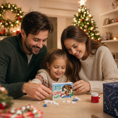 Personalized Photo Christmas Building Block in Sky Blue, Custom Family Name & Year Snowman "Love & Joy" Brick Puzzle Keepsake Decor, Festive Holiday Desk Gift