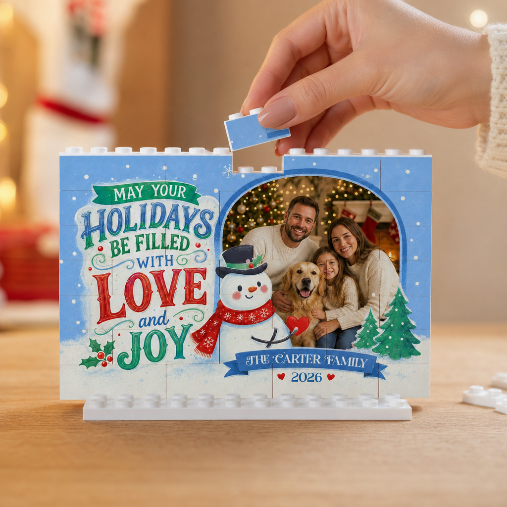 Personalized Photo Christmas Building Block in Sky Blue, Custom Family Name & Year Snowman "Love & Joy" Brick Puzzle Keepsake Decor, Festive Holiday Desk Gift