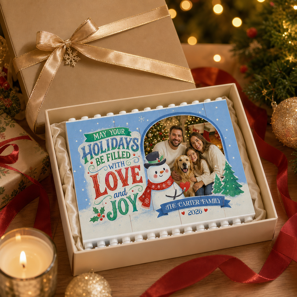 Personalized Photo Christmas Building Block in Sky Blue, Custom Family Name & Year Snowman "Love & Joy" Brick Puzzle Keepsake Decor, Festive Holiday Desk Gift