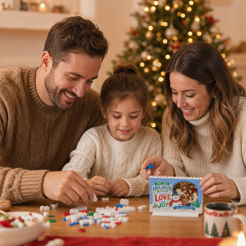 Personalized Photo Christmas Building Block in Sky Blue, Custom Family Name & Year Snowman "Love & Joy" Brick Puzzle Keepsake Decor, Festive Holiday Desk Gift