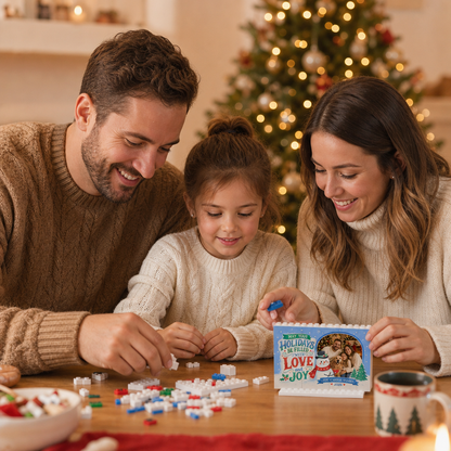 Personalized Photo Christmas Building Block in Sky Blue, Custom Family Name & Year Snowman "Love & Joy" Brick Puzzle Keepsake Decor, Festive Holiday Desk Gift