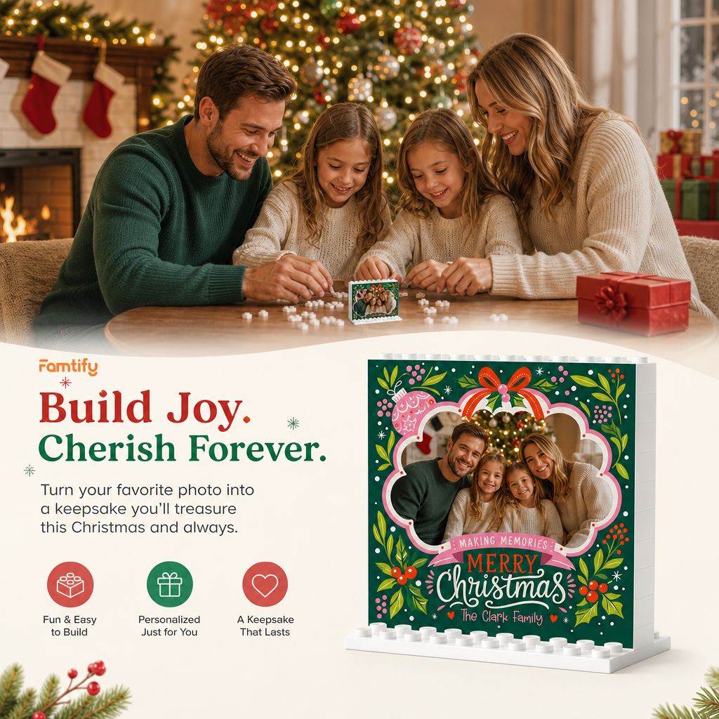 Personalized Photo Christmas Building Block in Emerald Green, Custom Family Name Folk Floral Ribbon "Merry Christmas" Brick Puzzle Keepsake Decor, Festive Holiday Desk Gift