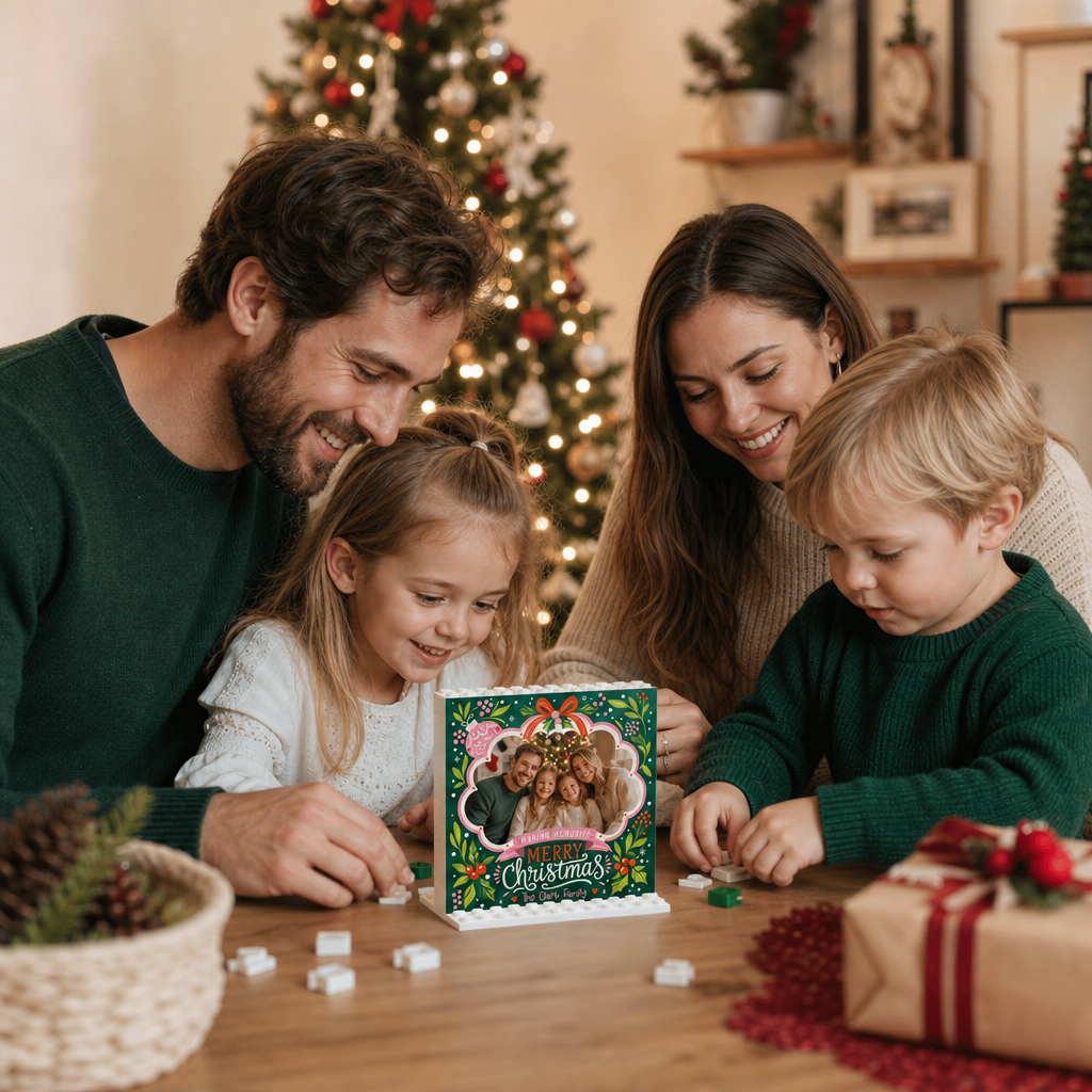 Personalized Photo Christmas Building Block in Emerald Green, Custom Family Name Folk Floral Ribbon "Merry Christmas" Brick Puzzle Keepsake Decor, Festive Holiday Desk Gift