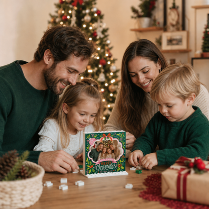 Personalized Photo Christmas Building Block in Emerald Green, Custom Family Name Folk Floral Ribbon "Merry Christmas" Brick Puzzle Keepsake Decor, Festive Holiday Desk Gift