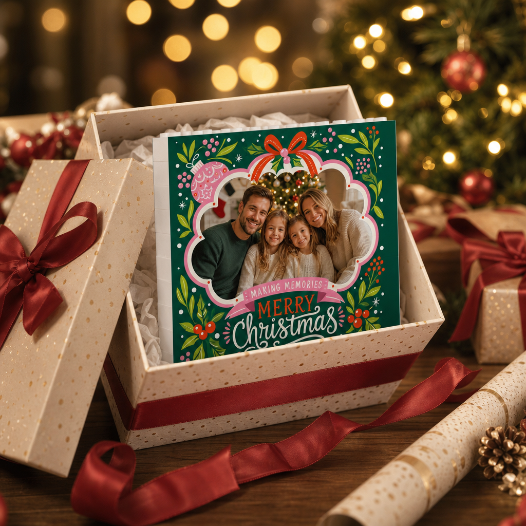 Personalized Photo Christmas Building Block in Emerald Green, Custom Family Name Folk Floral Ribbon "Merry Christmas" Brick Puzzle Keepsake Decor, Festive Holiday Desk Gift
