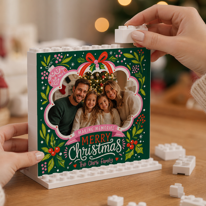 Personalized Photo Christmas Building Block in Emerald Green, Custom Family Name Folk Floral Ribbon "Merry Christmas" Brick Puzzle Keepsake Decor, Festive Holiday Desk Gift