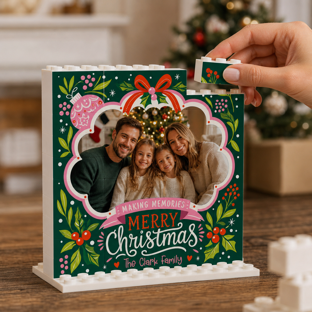 Personalized Photo Christmas Building Block in Emerald Green, Custom Family Name Folk Floral Ribbon "Merry Christmas" Brick Puzzle Keepsake Decor, Festive Holiday Desk Gift