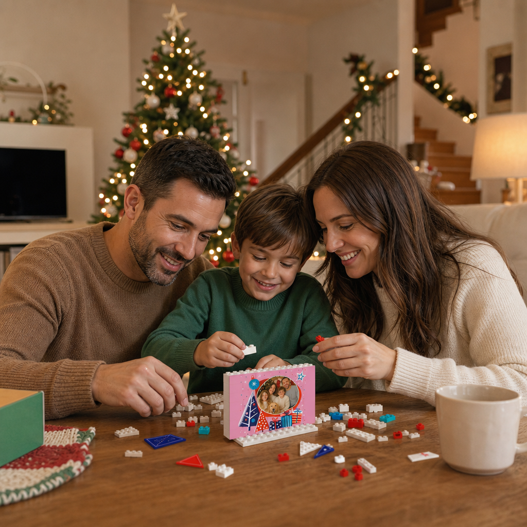 Personalized Photo Christmas Building Block in Bubblegum Pink, Custom Family Picture Modern Xmas Trees & Gift Boxes Brick Puzzle Keepsake Decor, Festive Holiday Desk Gift