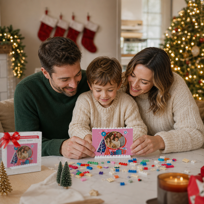Personalized Photo Christmas Building Block in Bubblegum Pink, Custom Family Picture Modern Xmas Trees & Gift Boxes Brick Puzzle Keepsake Decor, Festive Holiday Desk Gift