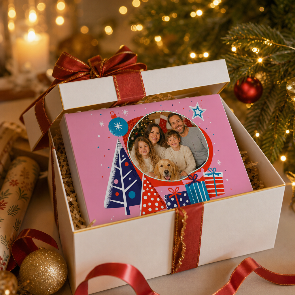 Personalized Photo Christmas Building Block in Bubblegum Pink, Custom Family Picture Modern Xmas Trees & Gift Boxes Brick Puzzle Keepsake Decor, Festive Holiday Desk Gift