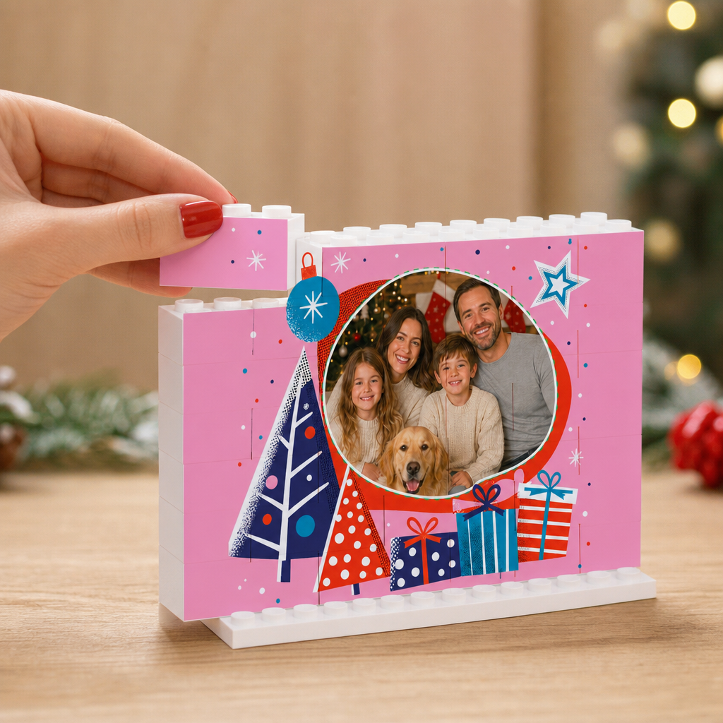 Personalized Photo Christmas Building Block in Bubblegum Pink, Custom Family Picture Modern Xmas Trees & Gift Boxes Brick Puzzle Keepsake Decor, Festive Holiday Desk Gift