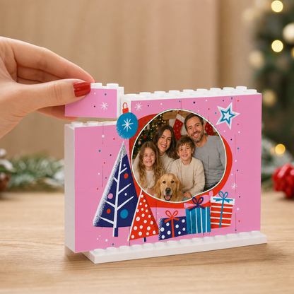 Personalized Photo Christmas Building Block in Bubblegum Pink, Custom Family Picture Modern Xmas Trees & Gift Boxes Brick Puzzle Keepsake Decor, Festive Holiday Desk Gift