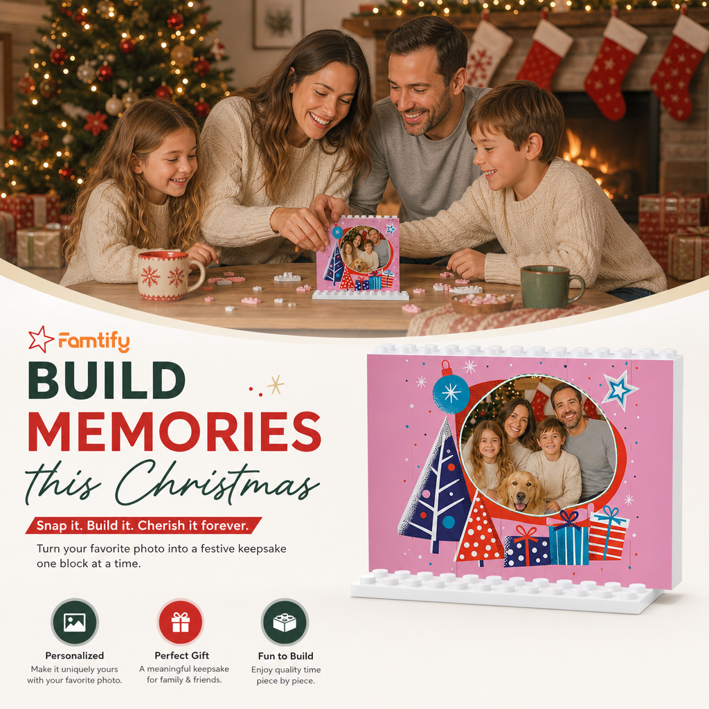 Personalized Photo Christmas Building Block in Bubblegum Pink, Custom Family Picture Modern Xmas Trees & Gift Boxes Brick Puzzle Keepsake Decor, Festive Holiday Desk Gift