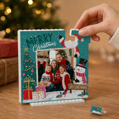 Personalized Photo Christmas Building Block in Deep Teal, Custom Family Picture Santa & Snowman "Joy Love Family" Brick Puzzle Keepsake Decor, Festive Holiday Desk Gift