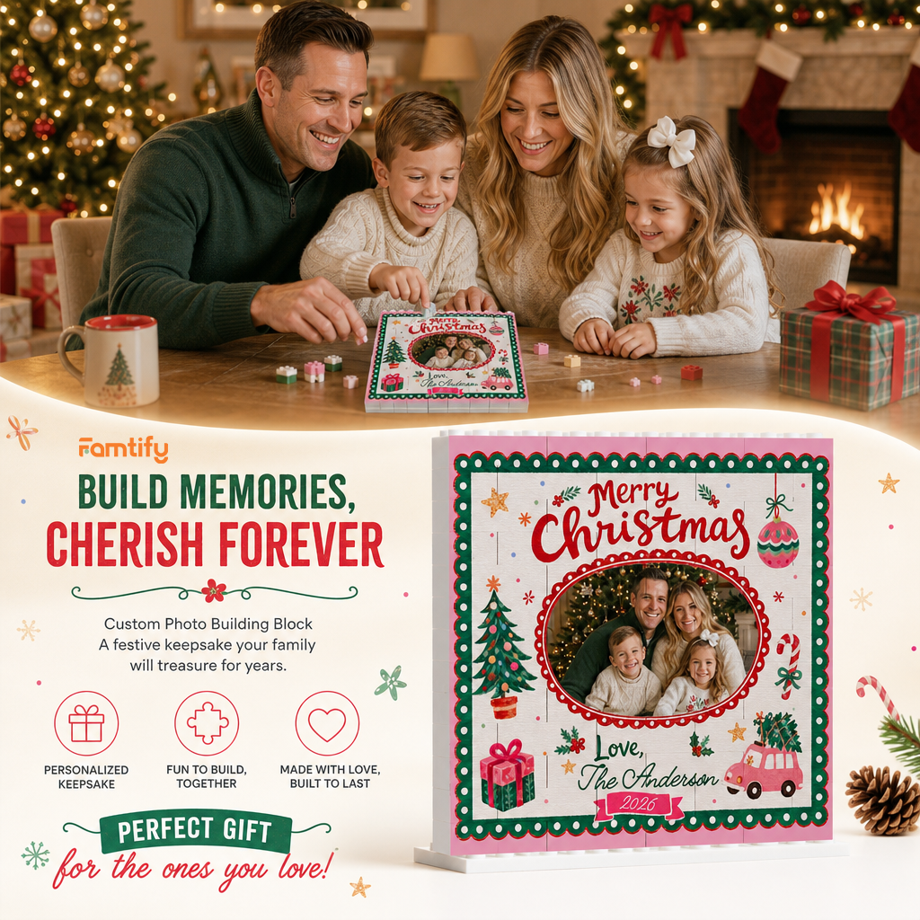 Personalized Photo Christmas Building Block in Pink Polka Dot Frame, Custom Family Name & Year Vintage Car Brick Puzzle Keepsake Decor, Festive Holiday Desk Gift