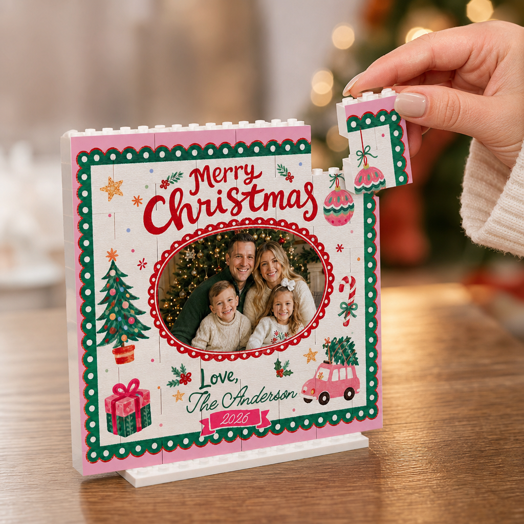 Personalized Photo Christmas Building Block in Pink Polka Dot Frame, Custom Family Name & Year Vintage Car Brick Puzzle Keepsake Decor, Festive Holiday Desk Gift