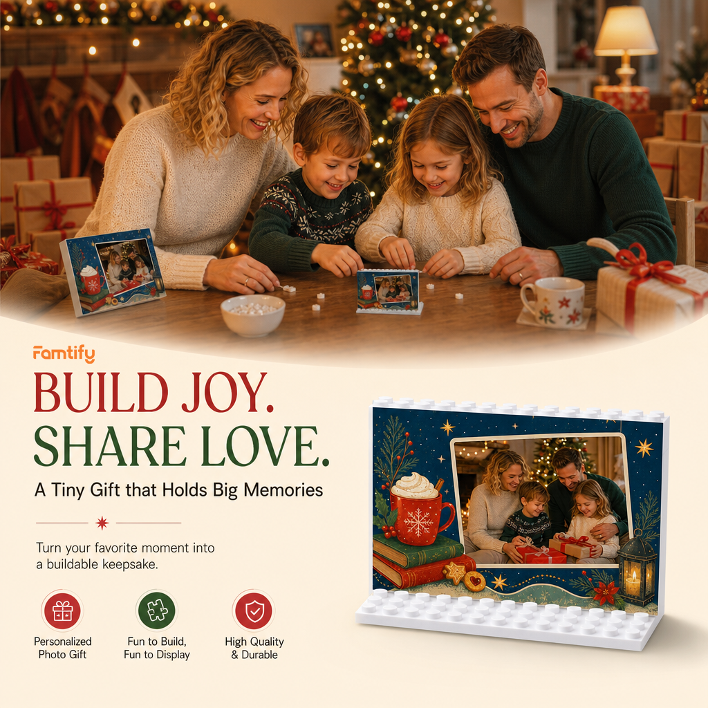 Personalized Photo Christmas Building Block in Midnight Blue, Custom Family Picture Hot Cocoa Mug & Candle Lantern Brick Puzzle Keepsake Decor, Festive Holiday Desk Gift