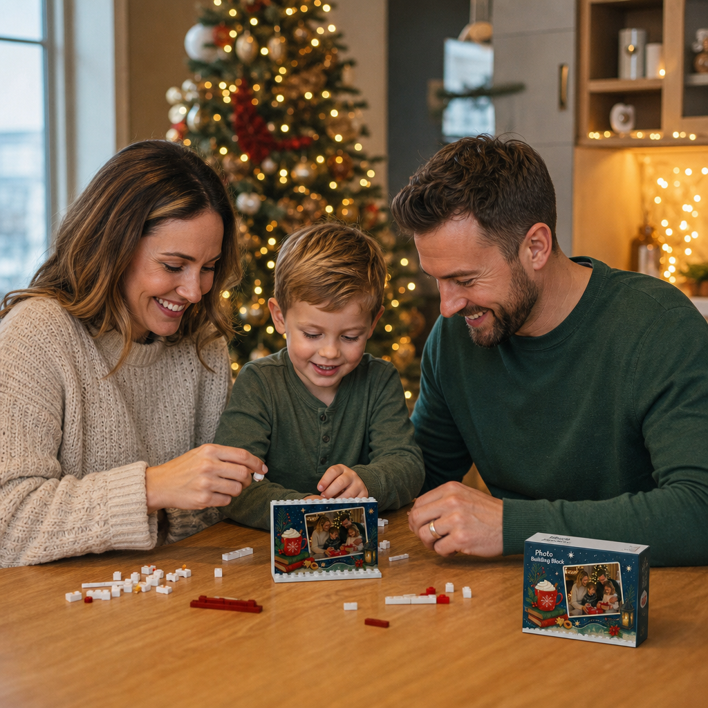 Personalized Photo Christmas Building Block in Midnight Blue, Custom Family Picture Hot Cocoa Mug & Candle Lantern Brick Puzzle Keepsake Decor, Festive Holiday Desk Gift