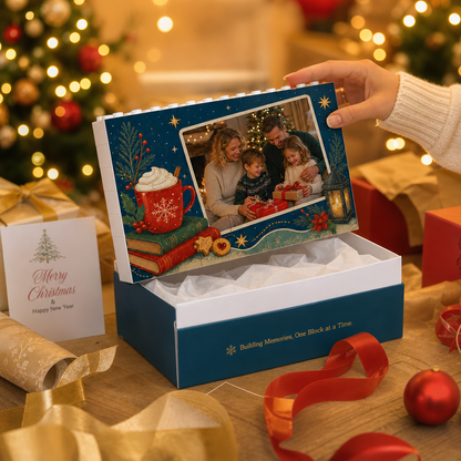 Personalized Photo Christmas Building Block in Midnight Blue, Custom Family Picture Hot Cocoa Mug & Candle Lantern Brick Puzzle Keepsake Decor, Festive Holiday Desk Gift