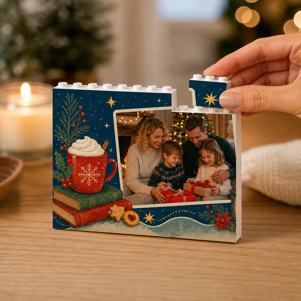 Personalized Photo Christmas Building Block in Midnight Blue, Custom Family Picture Hot Cocoa Mug & Candle Lantern Brick Puzzle Keepsake Decor, Festive Holiday Desk Gift