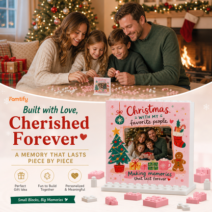 Personalized Photo Christmas Building Block in Soft Pink, Custom Family Picture Gingerbread Man & Holiday Stocking Brick Puzzle Keepsake Decor, Festive Holiday Desk Gift