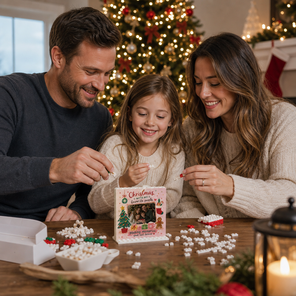 Personalized Photo Christmas Building Block in Soft Pink, Custom Family Picture Gingerbread Man & Holiday Stocking Brick Puzzle Keepsake Decor, Festive Holiday Desk Gift